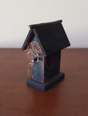 Hand-Painted Blue Wooden Birdhouse Decorbwith Nest Accent